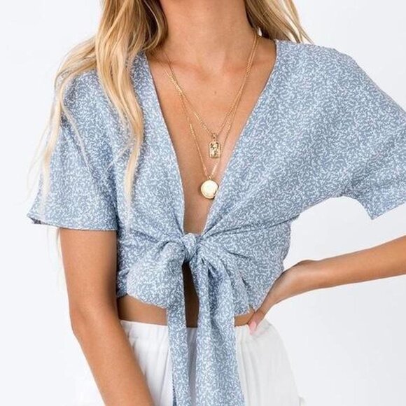 Princess Polly Tops - Princess Polly Blue and White lightweight  wrap around Shirt Size 4 coastal